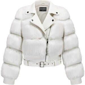 Women's Moto Style Cropped Faux Fur Leather Belted Biker Coat Zip Up White